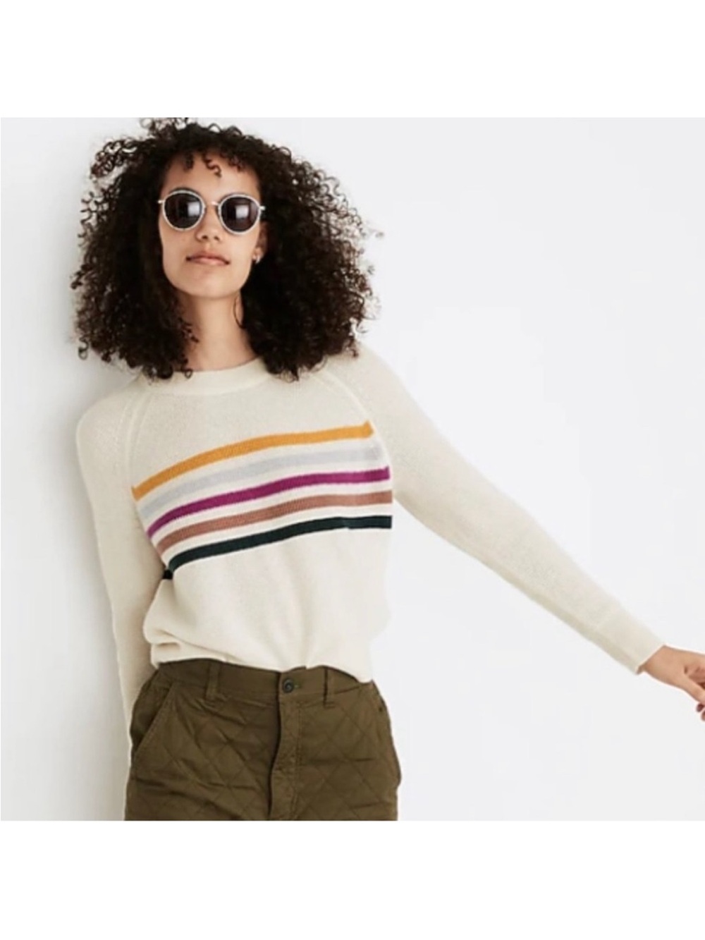Madewell Cream Waffle Knit 100% Cashmere Crewneck with Multicolor Stripes